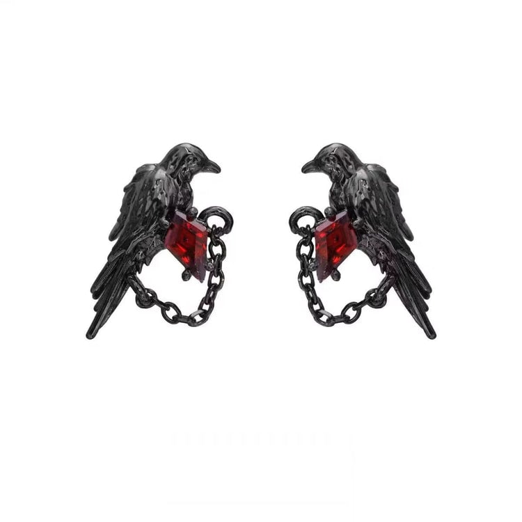 Red and Black Crow Earrings Vintage Dark Style Pair