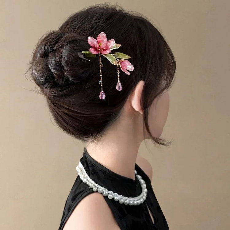 Elegant Floral Hair Stick with Pink Flower Tassel