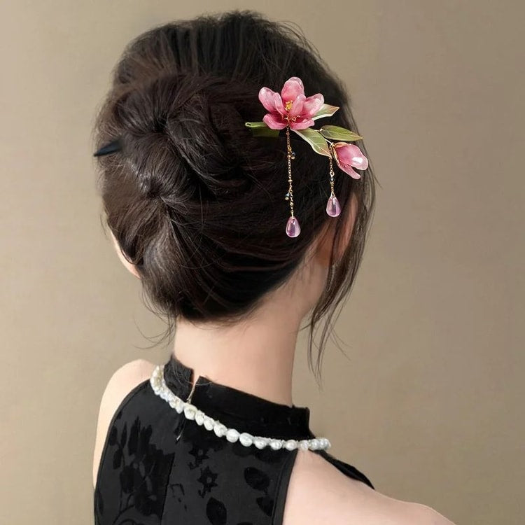 Elegant Floral Hair Stick with Pink Flower Tassel